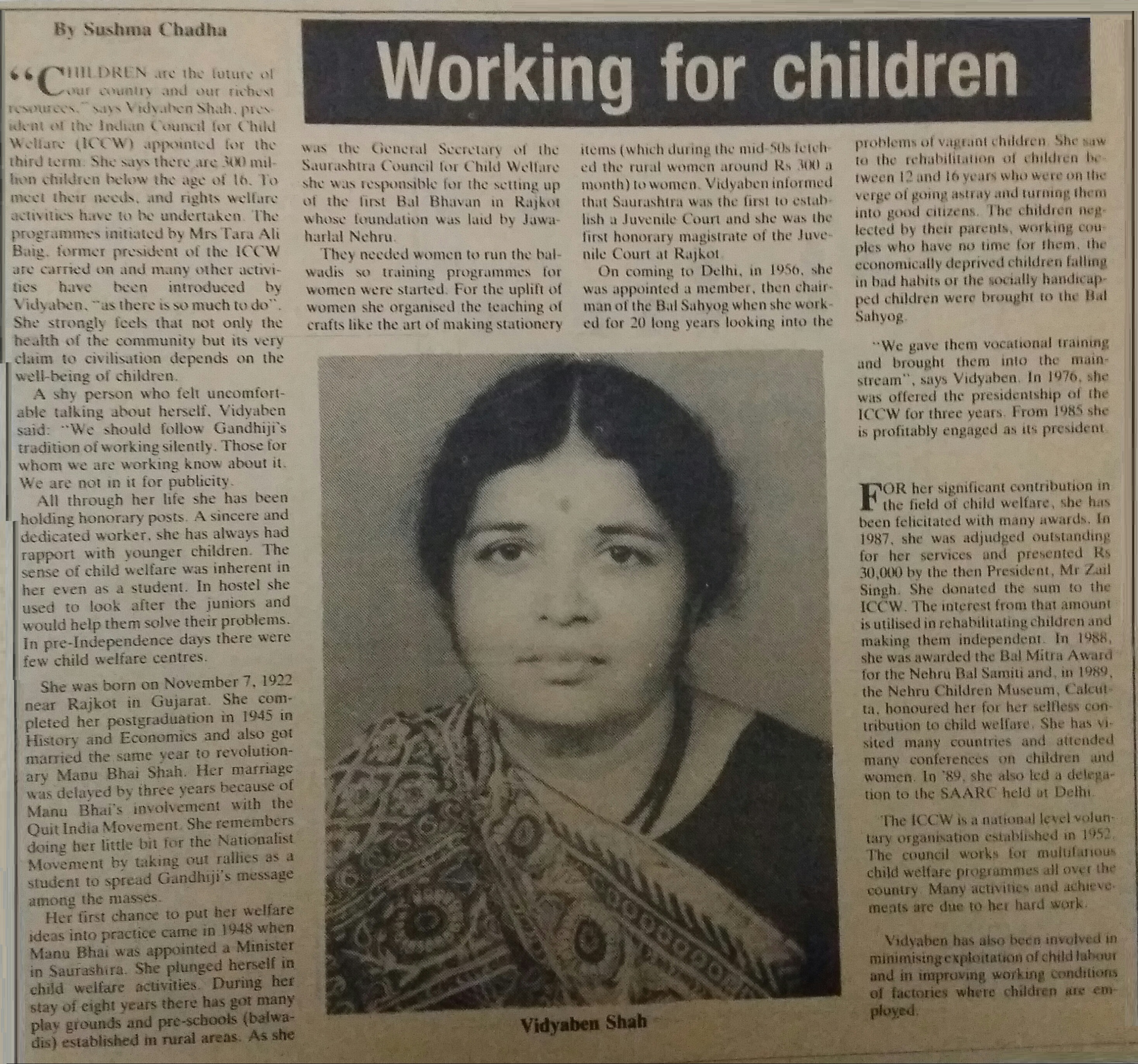 1987 Newspaper article on Vidyaben